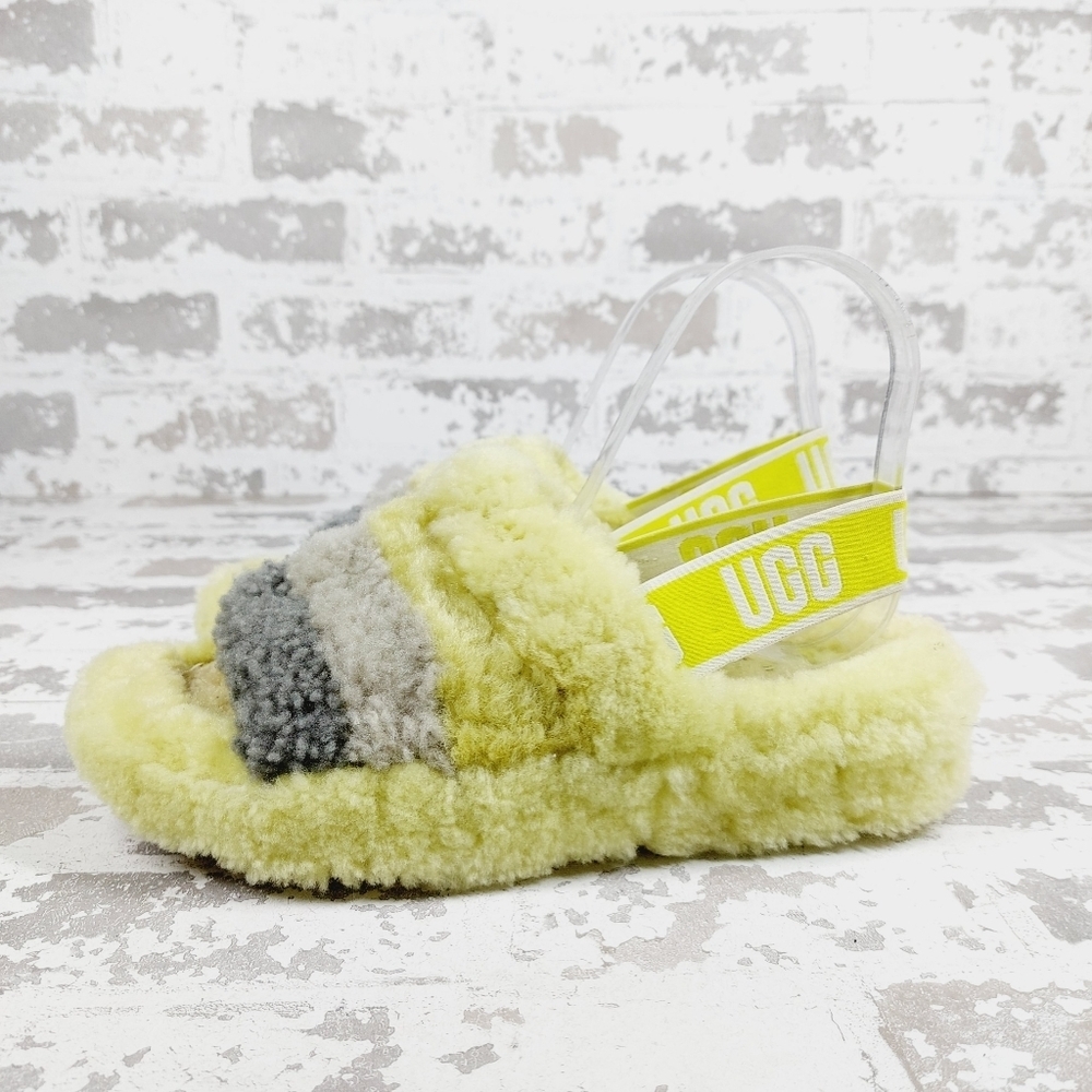 Ugg Fluff Yeah Striped Yellow Grey Wool Slingback Slippers V50